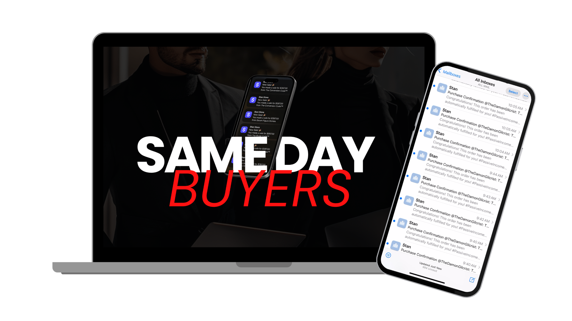Same Day Buyers mockup showing laptop and phone purchase notifications